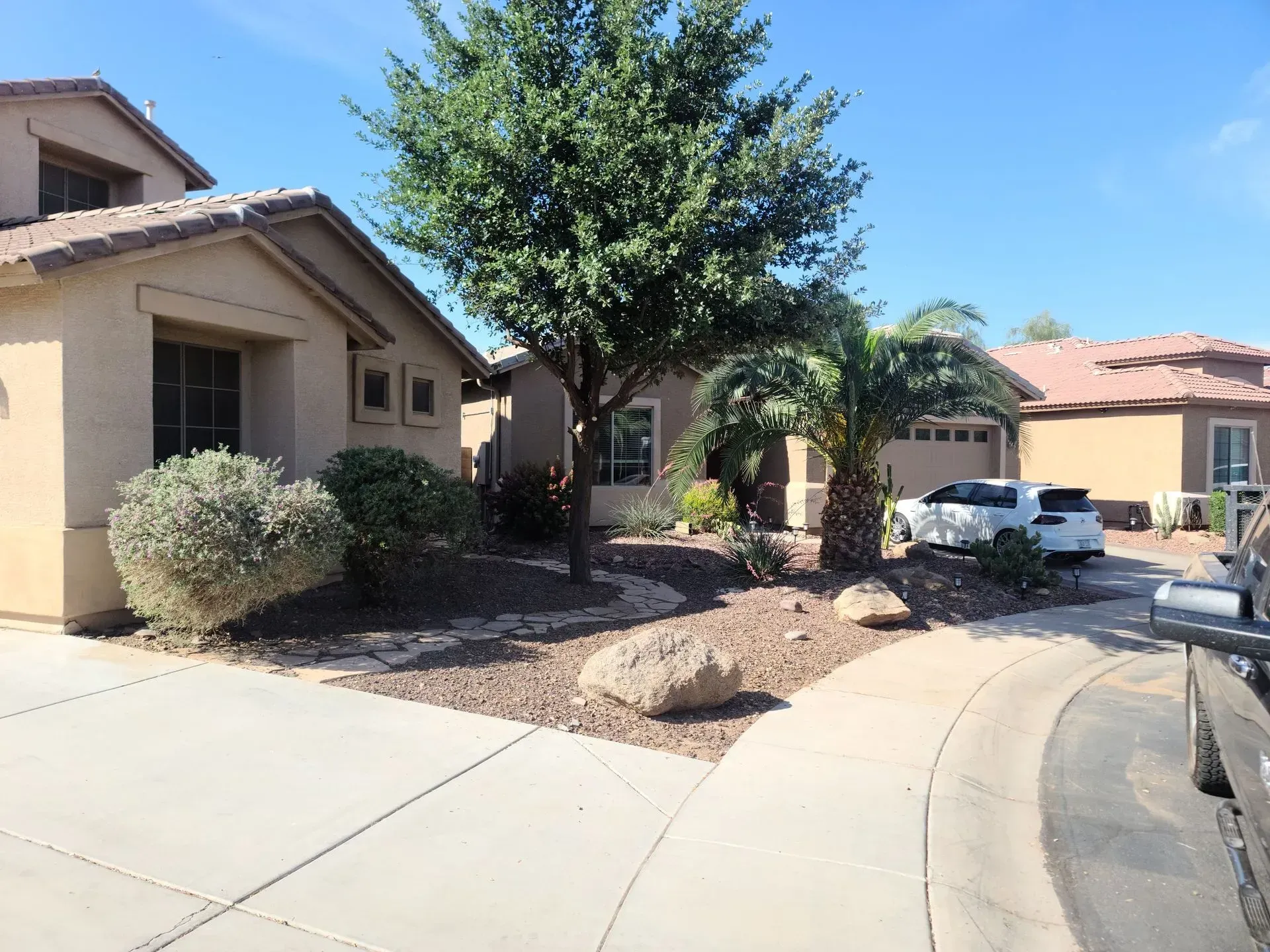 Suburban homes with a driveway, desert landscaping, and a large tree under a clear blue sky