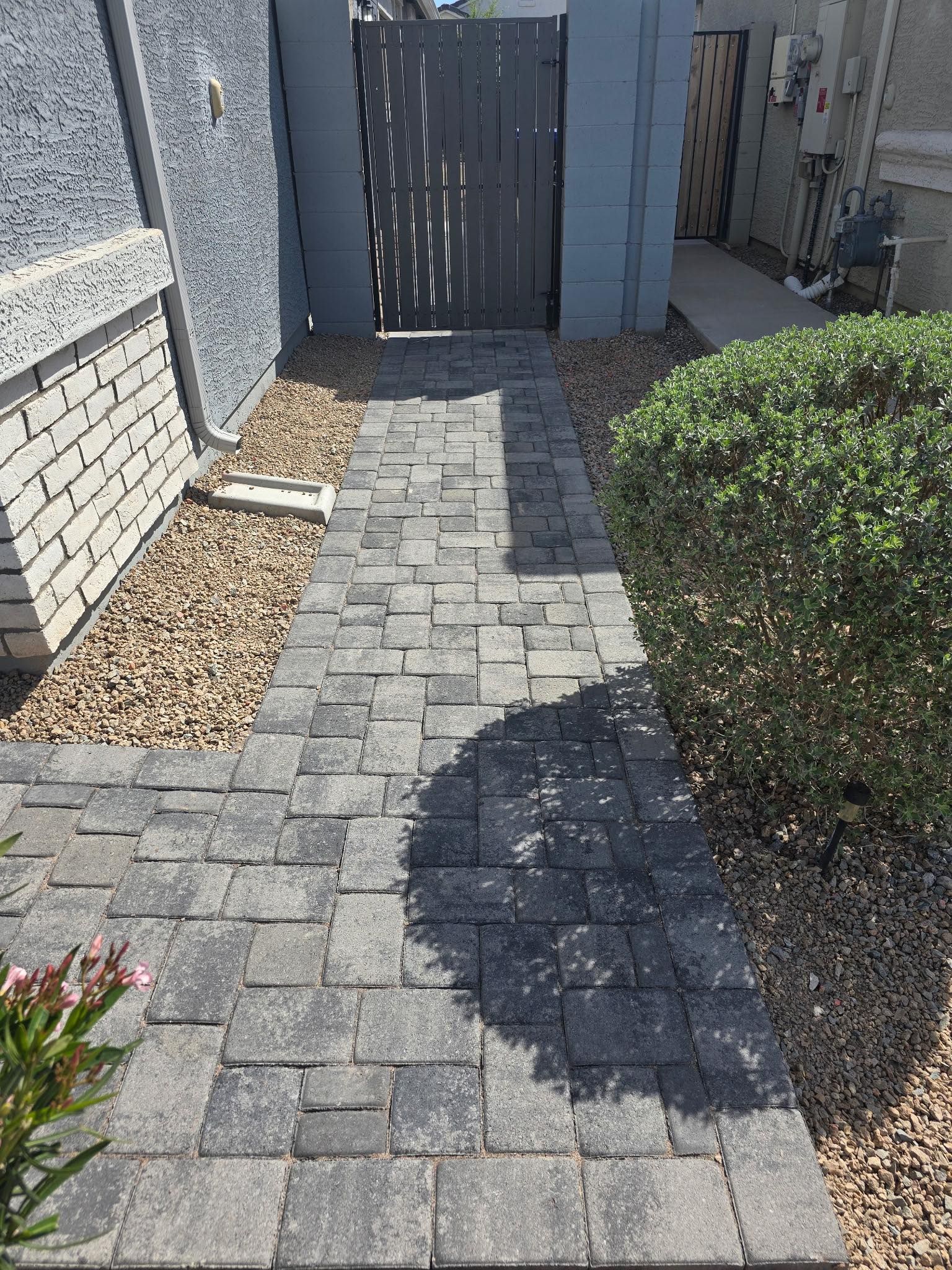 Narrow stone walkway leading to a dark gate between a house wall and a trimmed hedge in bright sunlight