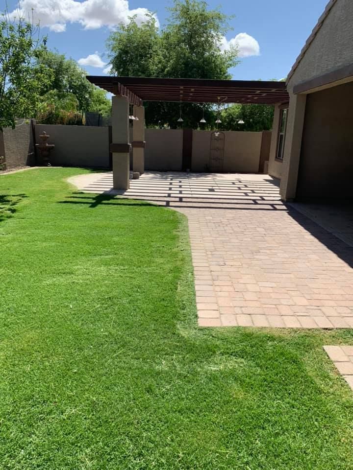 Backyard patio with brick pavers, covered pergola, and green lawn under bright sun