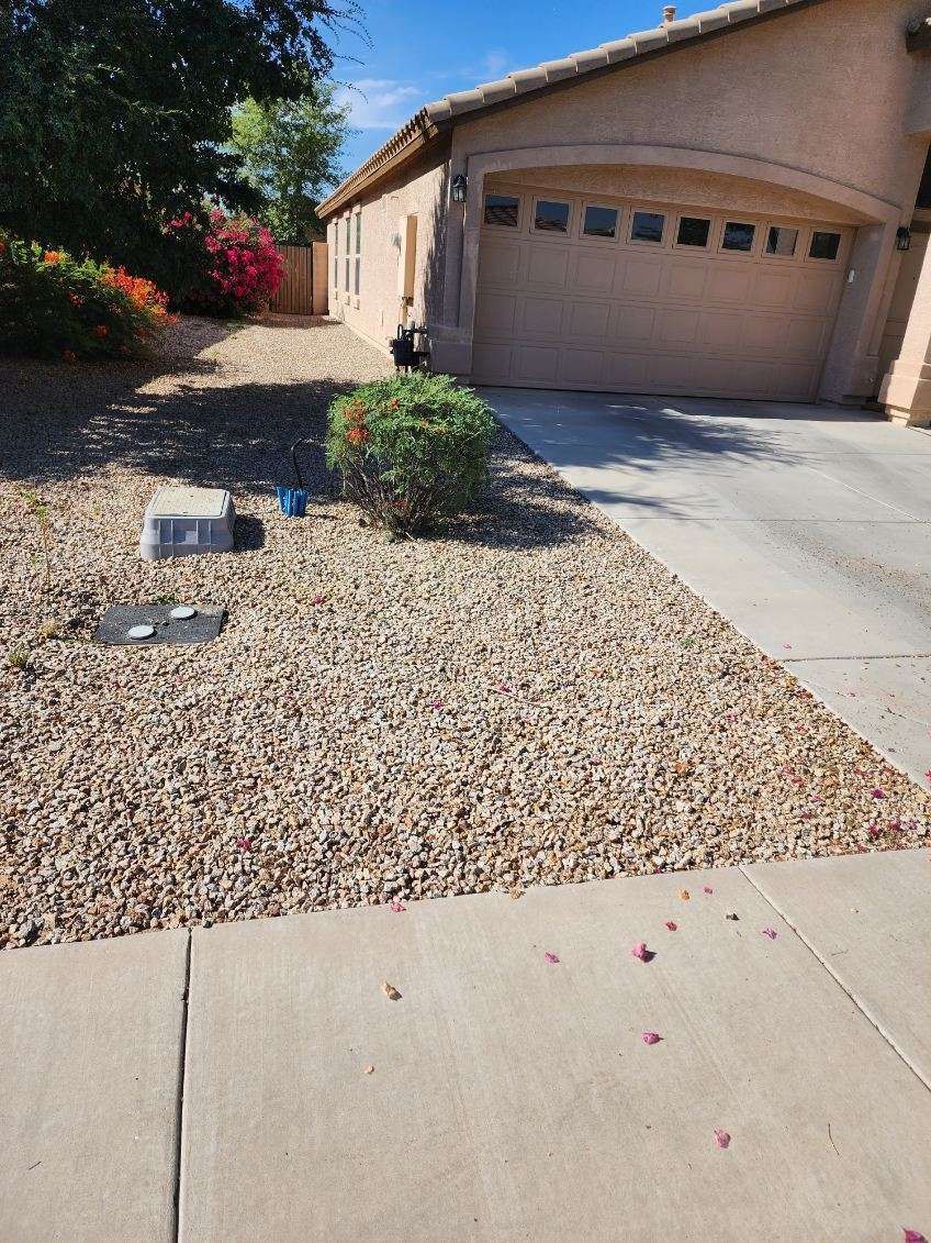 Front yard with gravel landscaping, small shrubs, sidewalk, and a tan house with a garage.