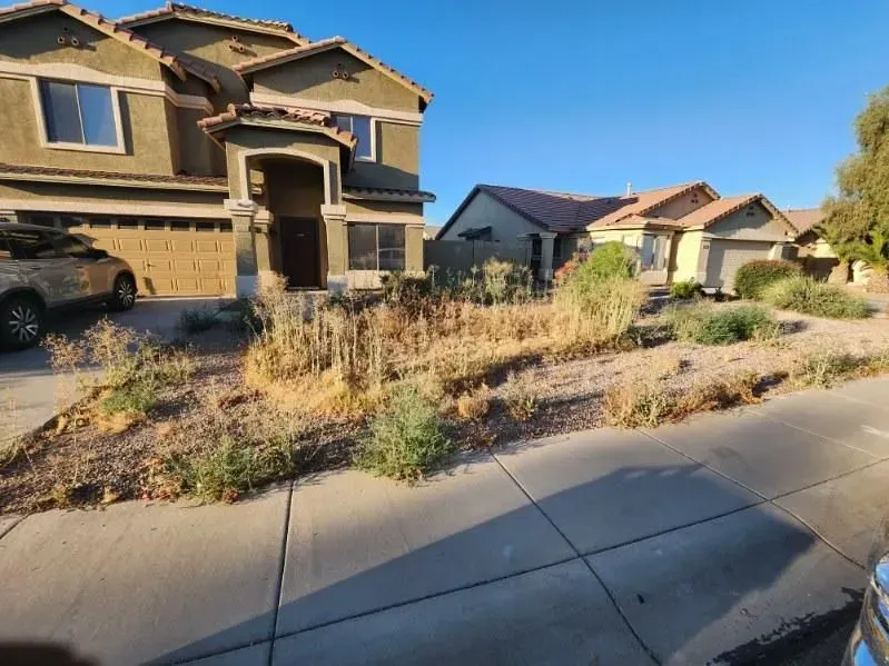 Suburban house with a parked car and dry, overgrown front yard by the sidewalk