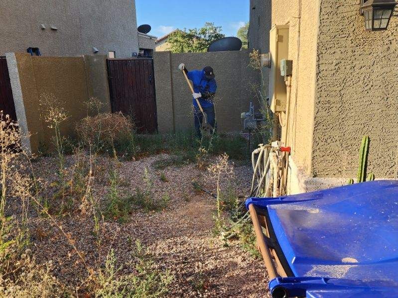 Person in a blue jacket gardening in a narrow backyard beside a stucco house and blue trash bin
