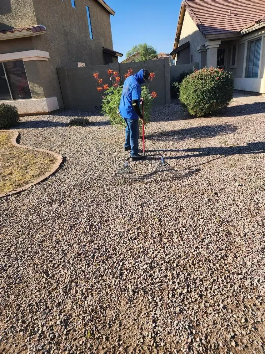 Person using a leaf blower in a gravel yard beside a house and shrubs.
