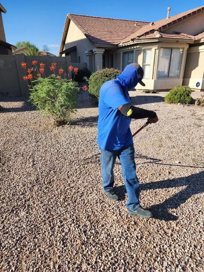 Person in a blue hoodie and jeans standing in a gravel yard, looking at something in hand.