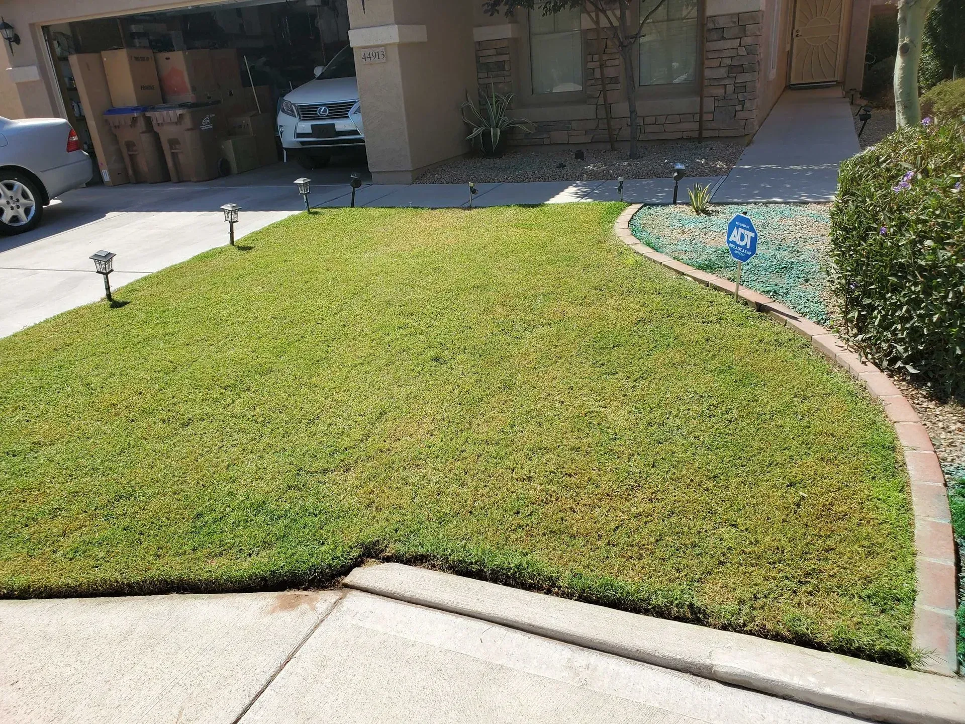 Front lawn with green grass, a concrete driveway, and a house with a garage in the background.