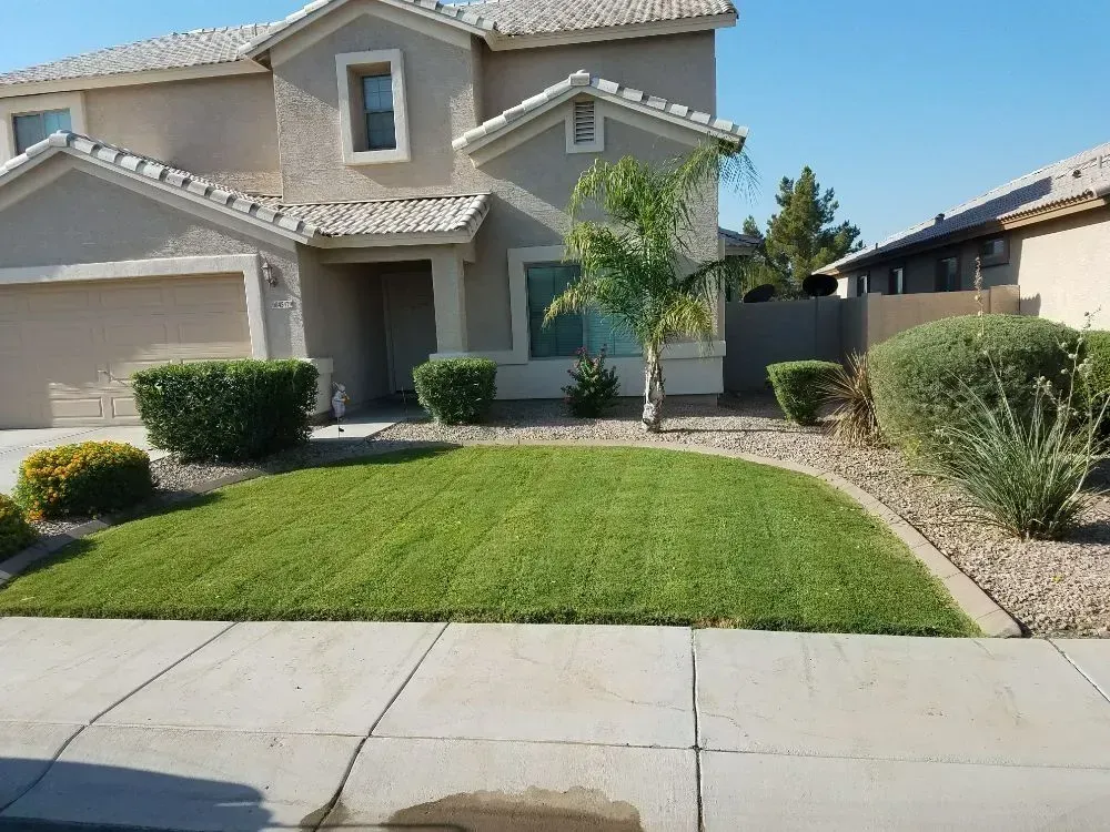 Suburban two-story house with a manicured lawn, shrubs, and a sidewalk in front.