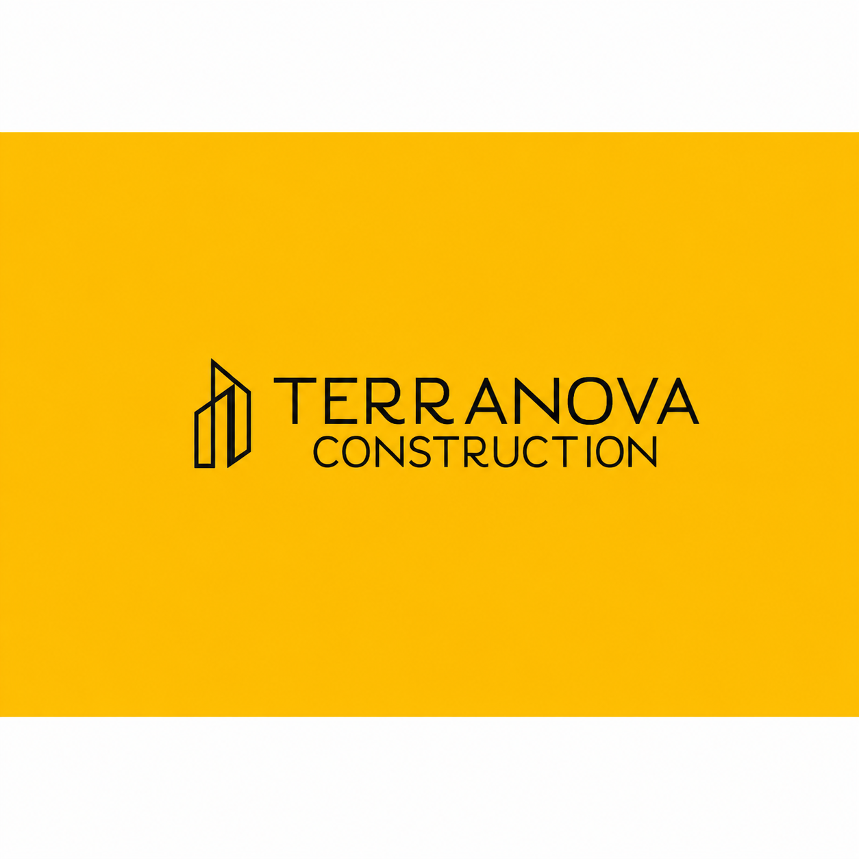 Logo for Terranova Construction featuring a minimalist building outline in black and the name in dark grey on a yellow background.