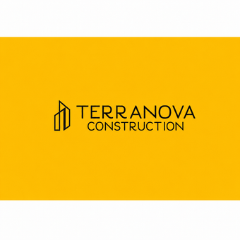 Logo for Terranova Construction featuring a minimalist building outline in black and the name in dark grey on a yellow background.
