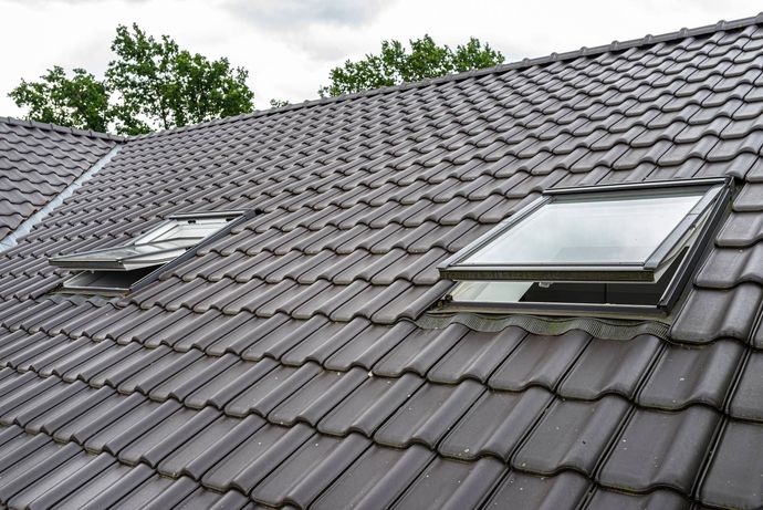 Tile roof with two skylights under a cloudy sky