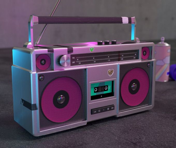 A boombox is sitting on a table next to a spray can.