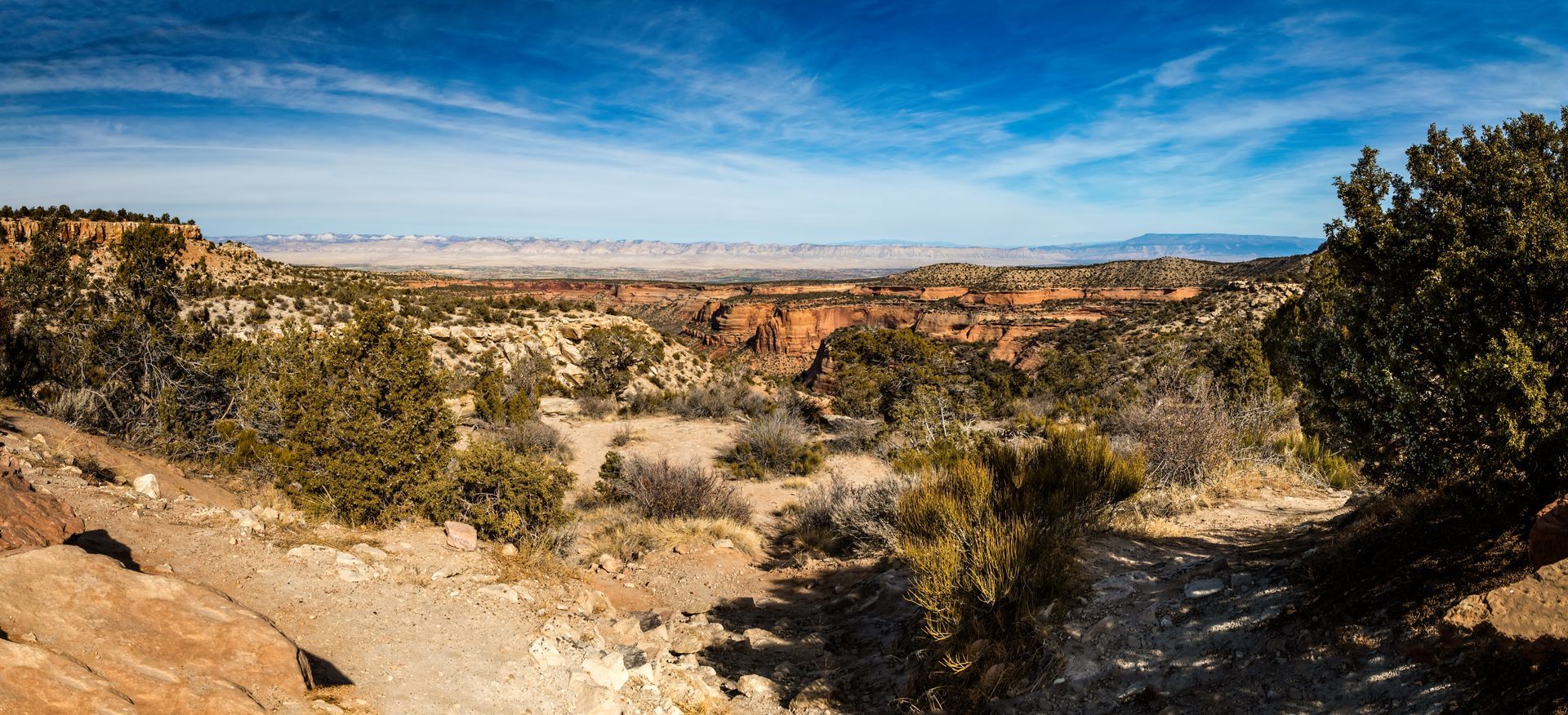 Panoramic view of a desert landscape with blue sky. Scrub brush and mesas in the foreground with a distant plateau.