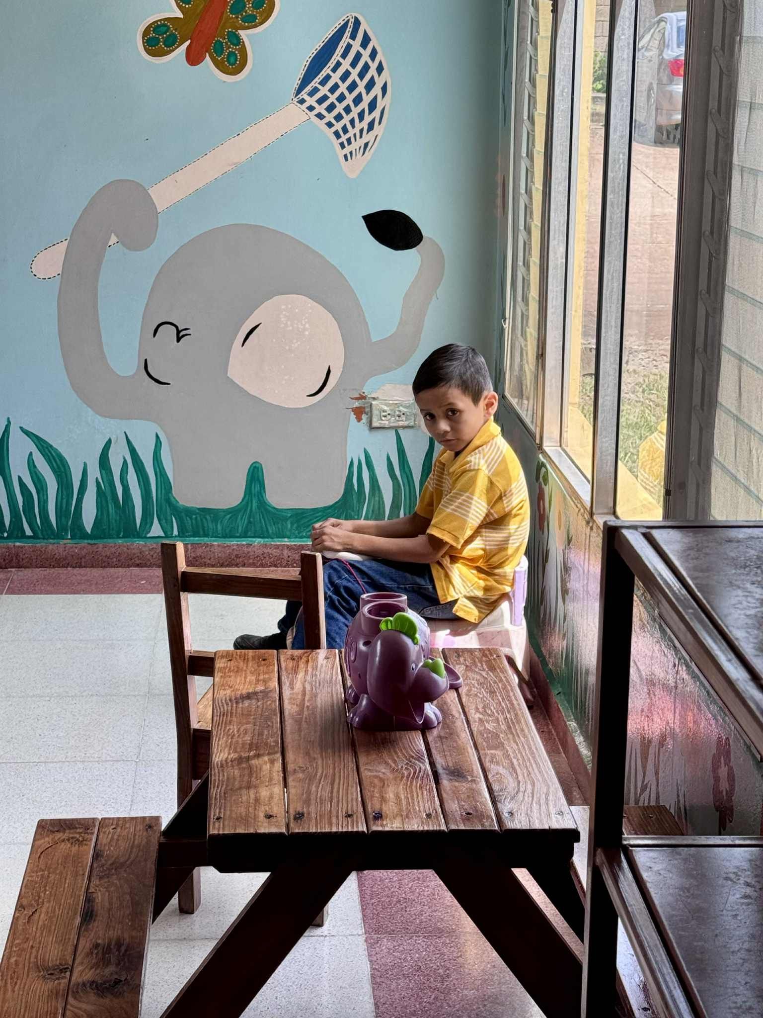 Boy sits at a wooden table in front of a wall mural of an elephant.