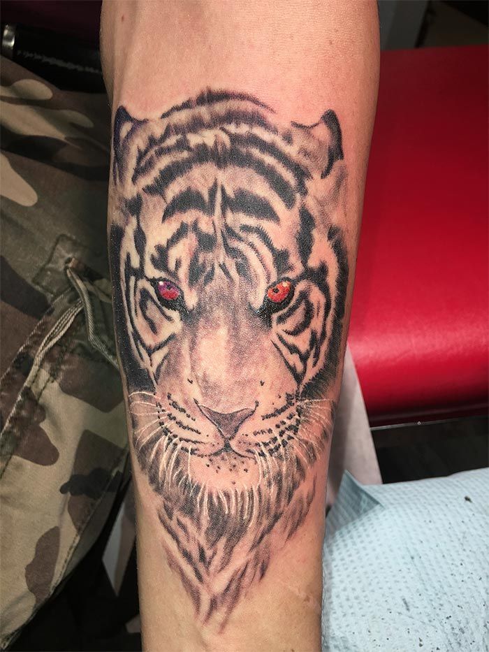 A person has a tattoo of a tiger on their arm