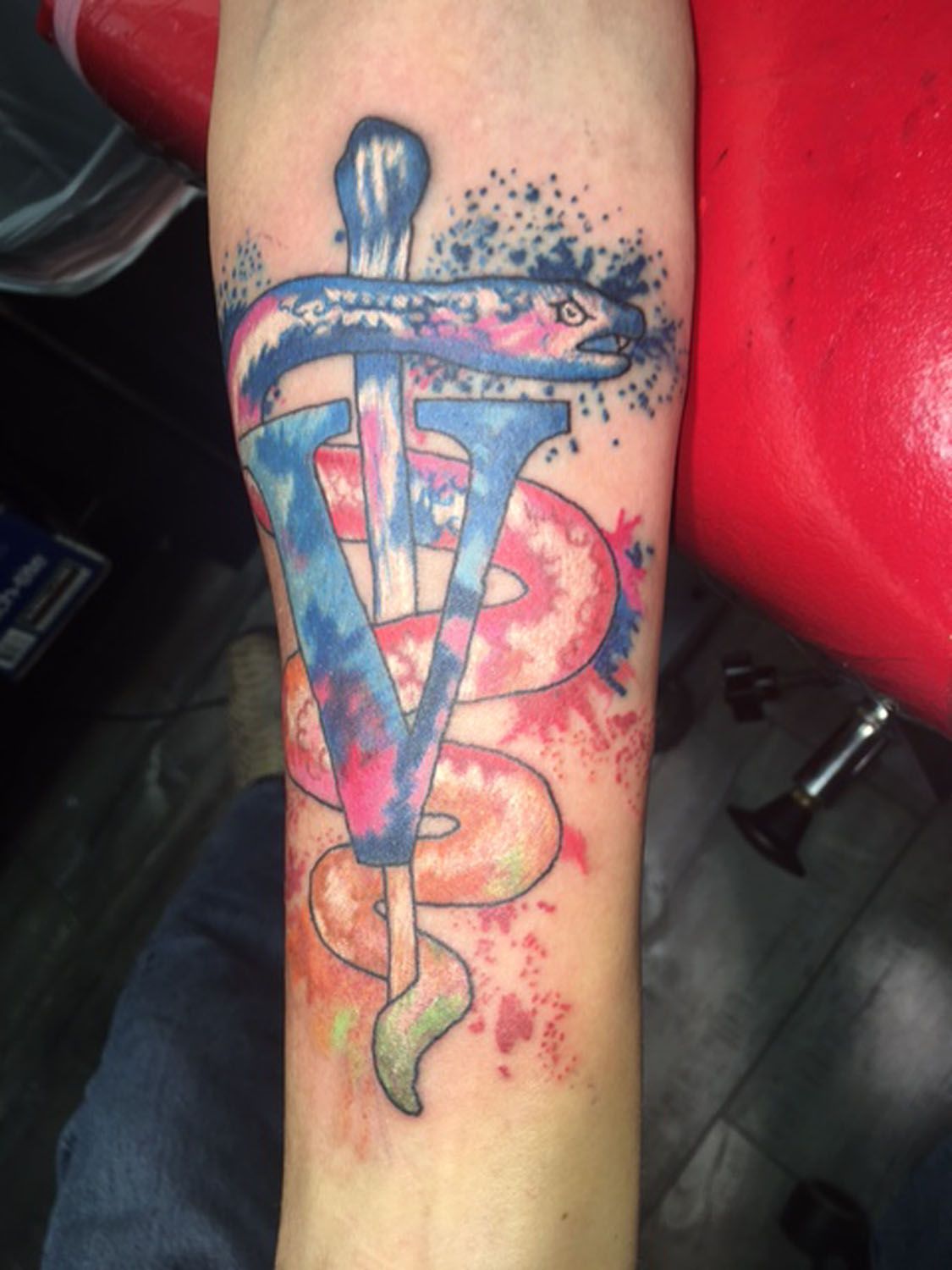 A tattoo of a snake and a letter v on a person 's arm