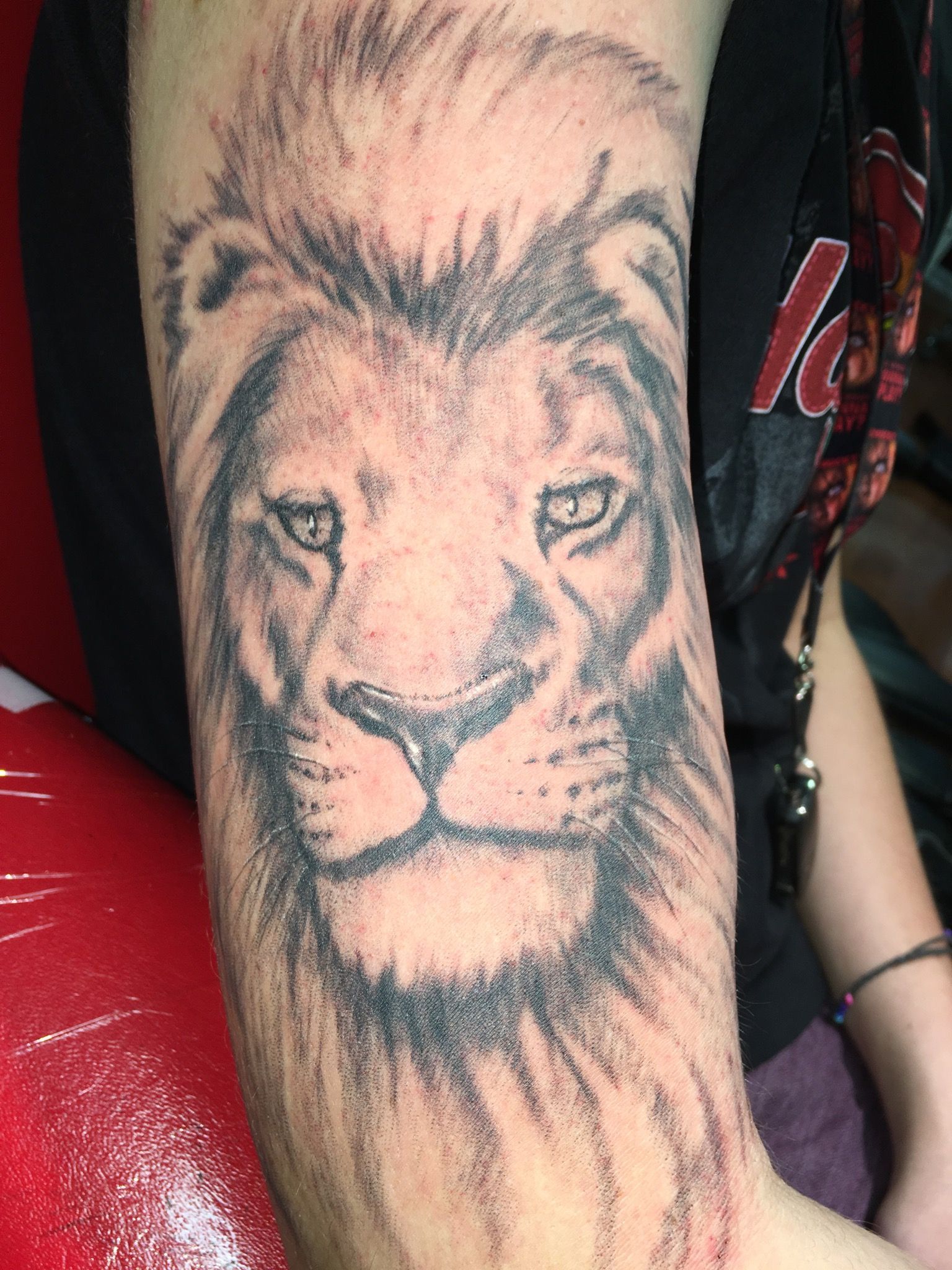 A person has a tattoo of a lion on their arm