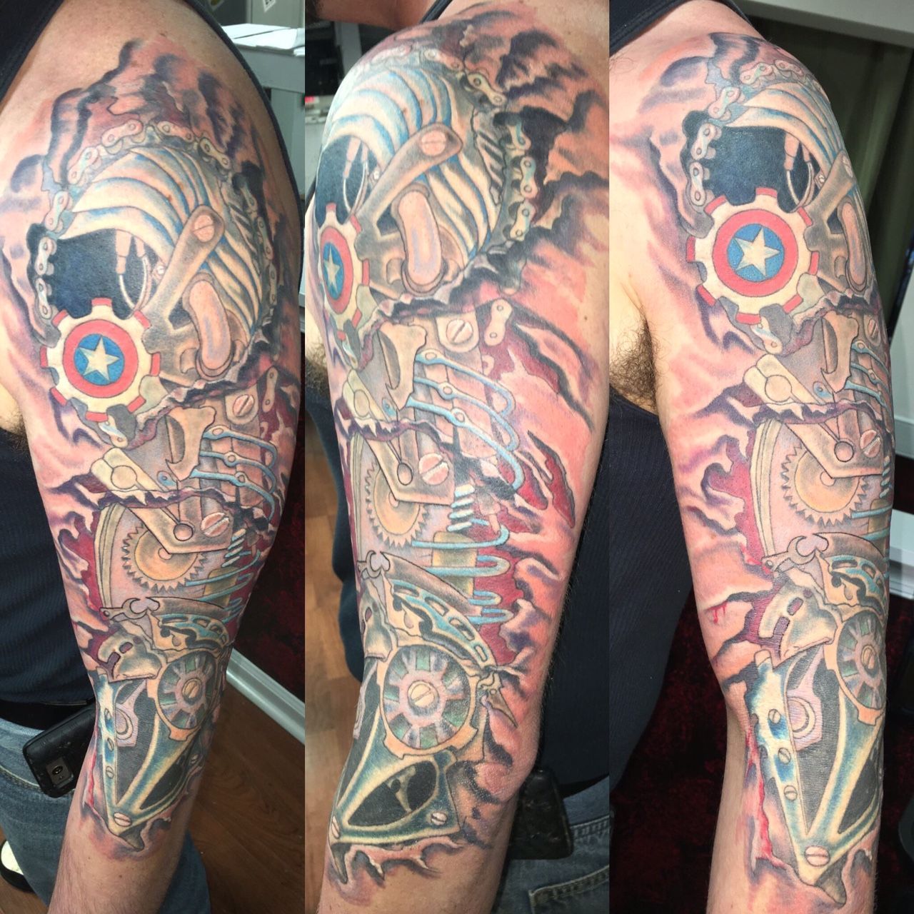A man has a captain america tattoo on his arm