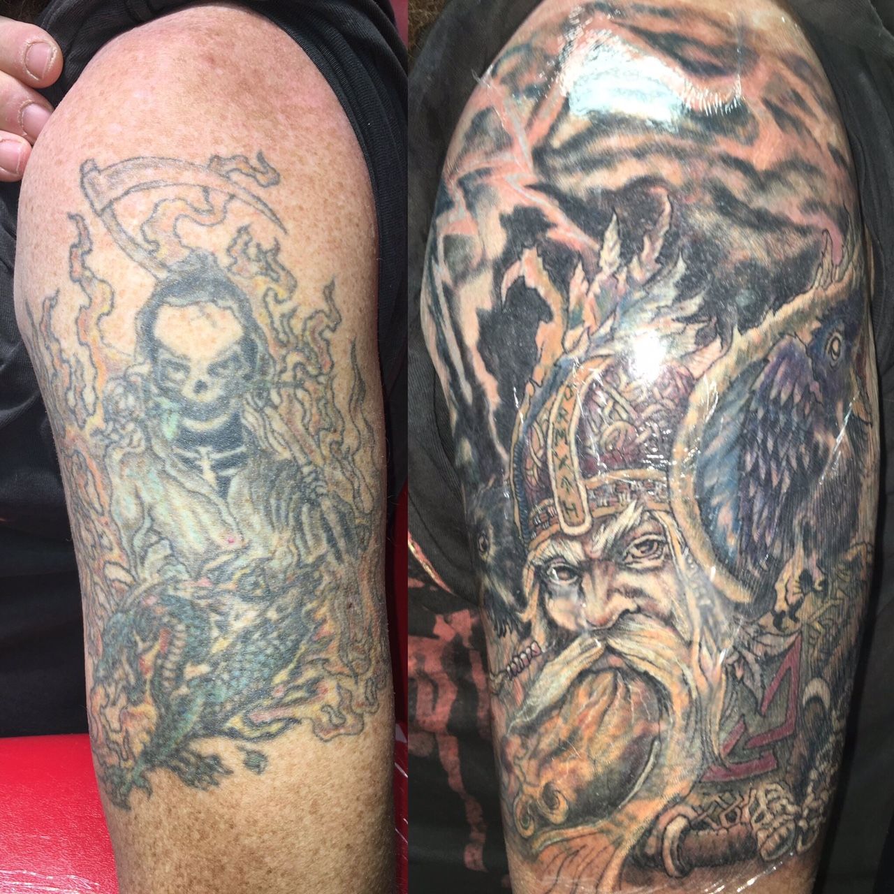 A before and after picture of a tattoo on a man 's arm.
