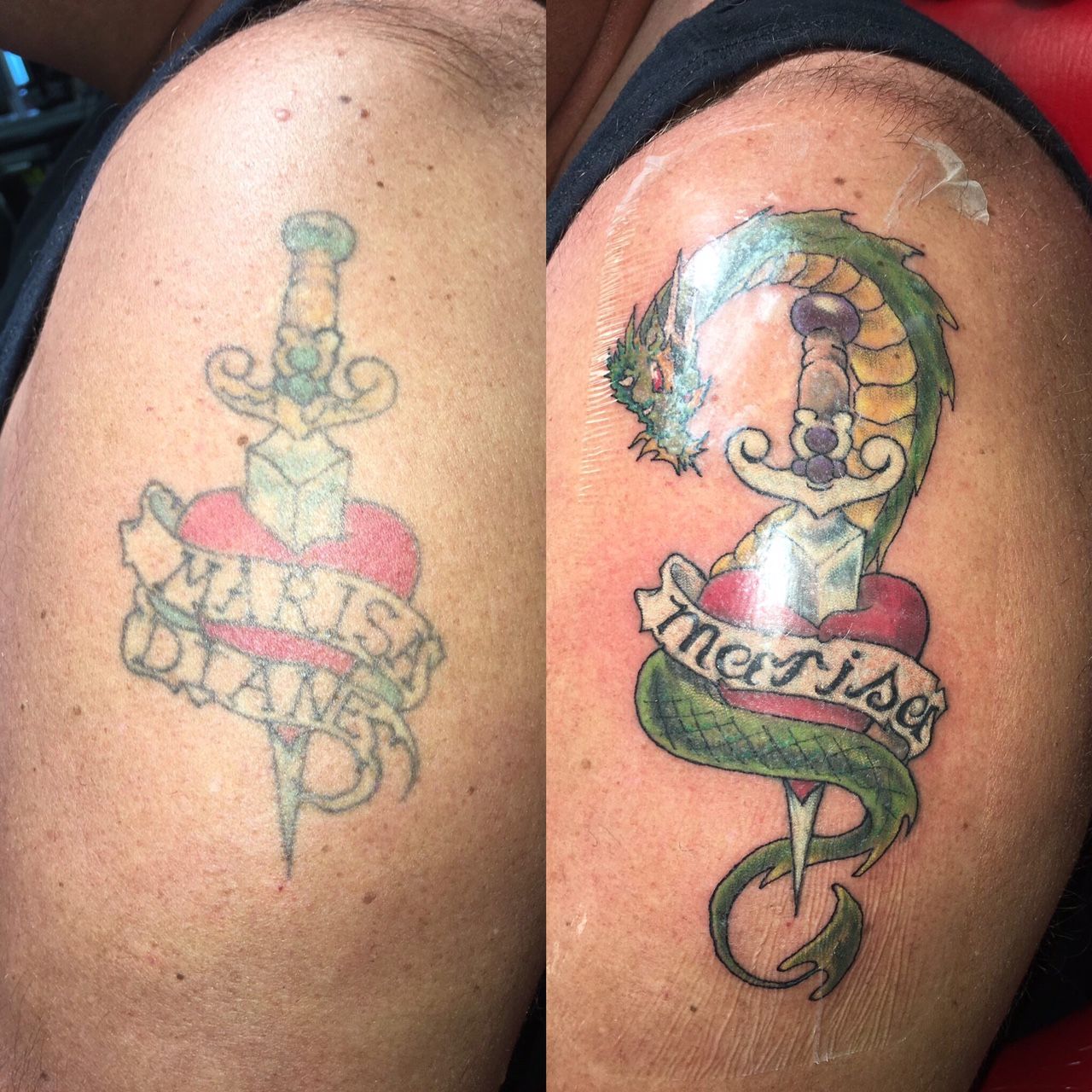 A before and after picture of a tattoo on a person 's arm