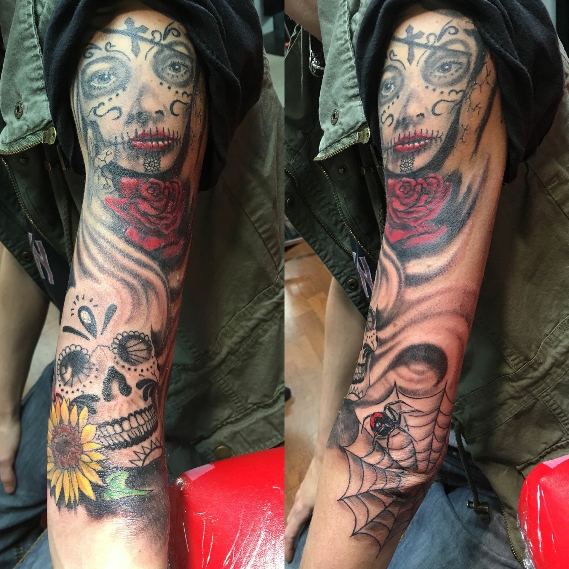 A woman and skull tattoo on the arm
