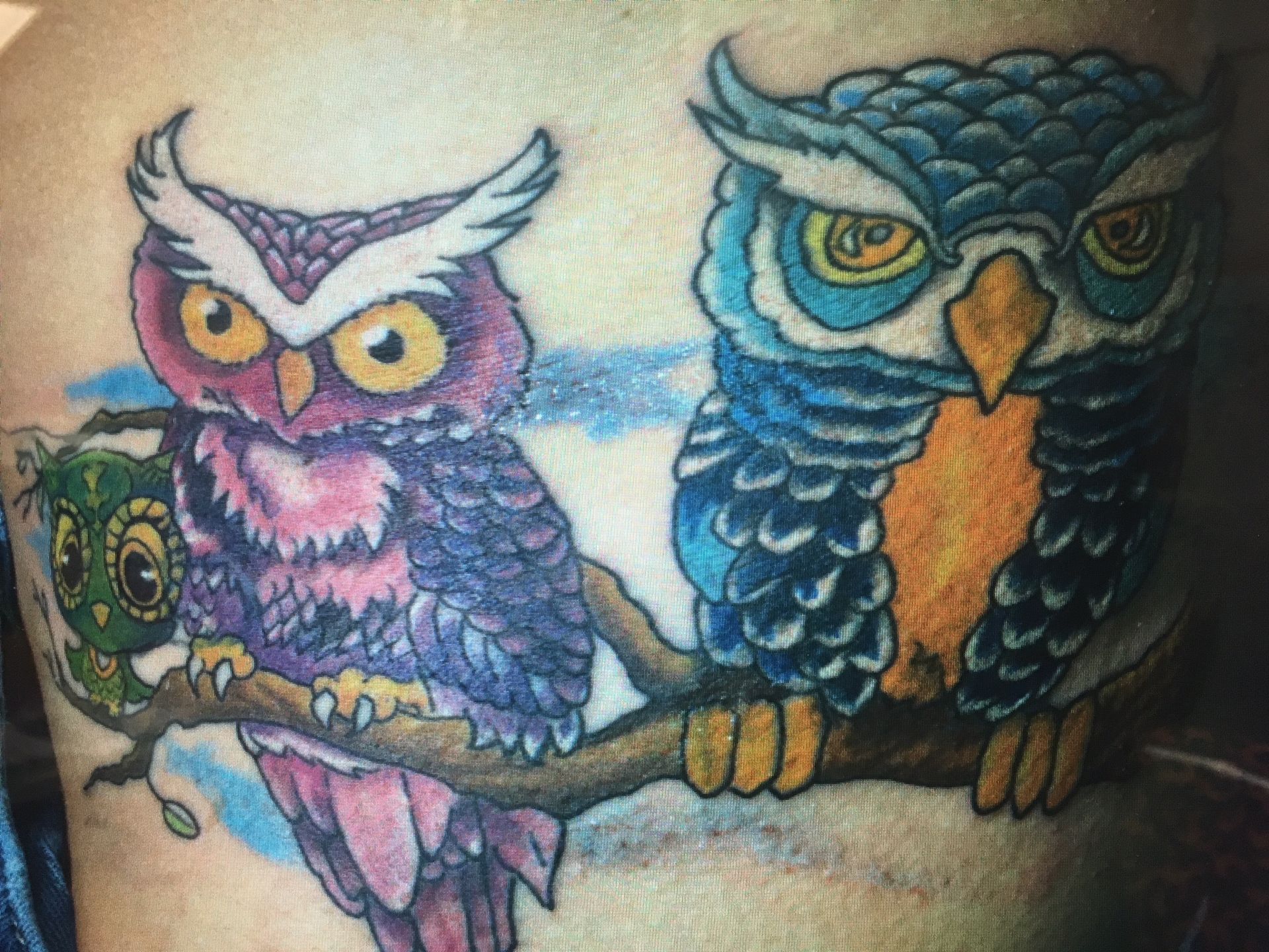 A tattoo of two owls sitting on a tree branch
