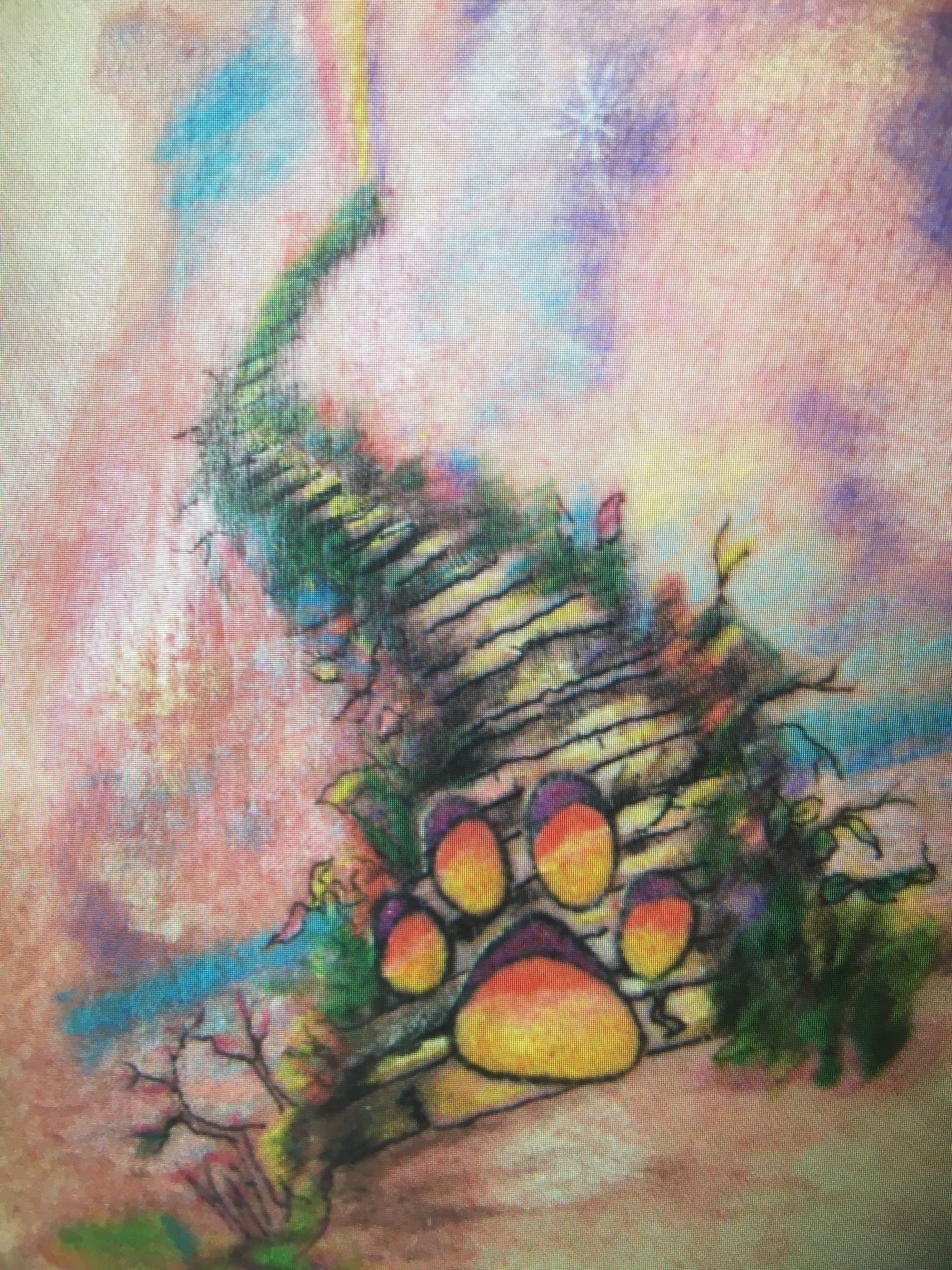 A close up of a painting of a paw print on a bridge.