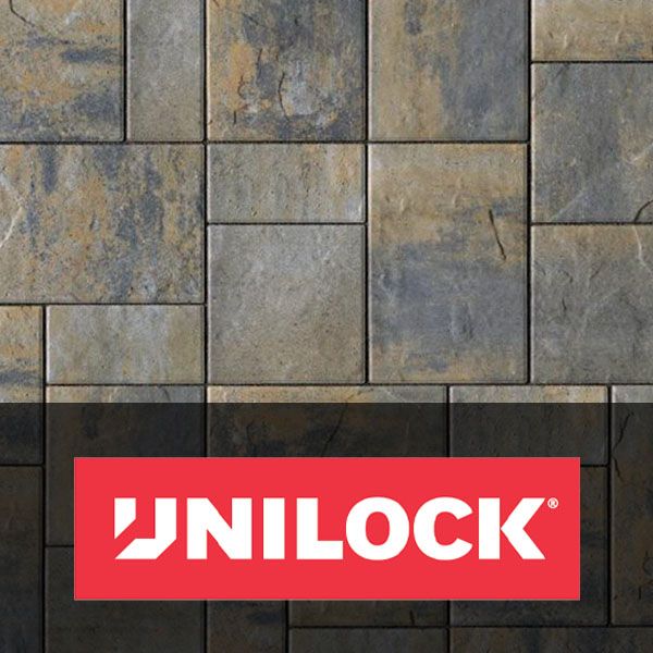 Unilock logo on a red banner over gray stone pavers