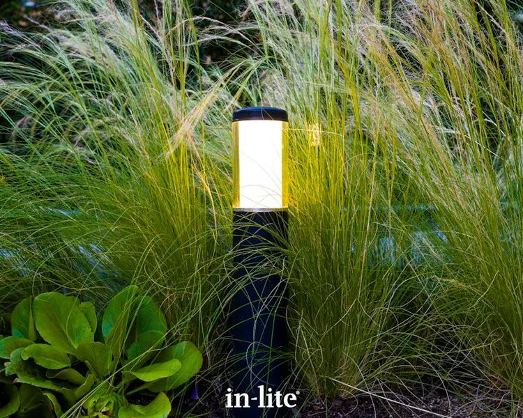 Black garden path light glowing among tall grass and green plants at night.