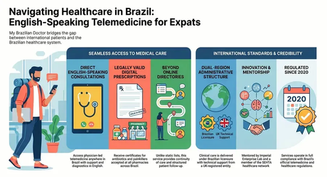 Infographic about My Brazilian Doctor telemedicine services in Brazil for expats and international patients, highlighting English-speaking consultations, legally valid digital prescriptions, continuity of care, UK-Brazil healthcare expertise, and regulated medical practice in Brazil