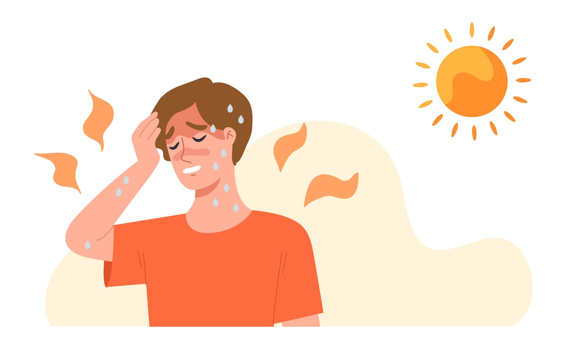 Person wiping sweat under a hot sun, with heat waves and orange tones.