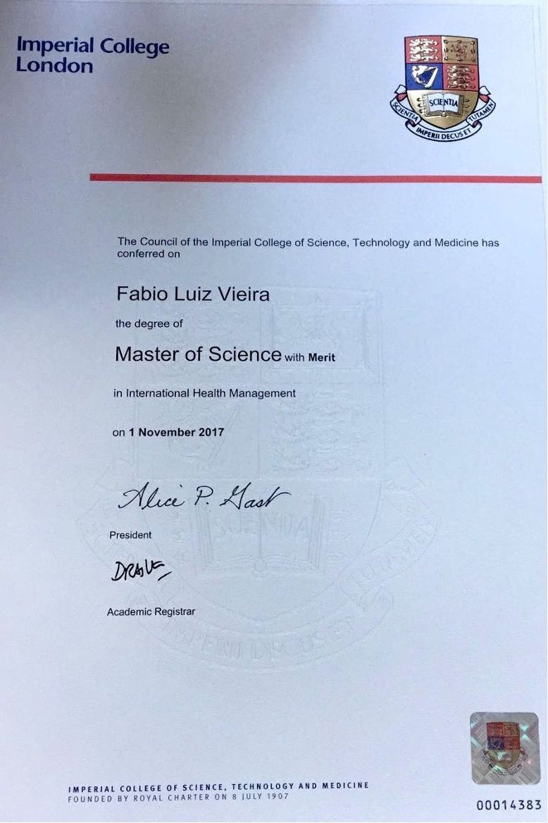 Imperial College London certificate on white paper with red header line and crest.