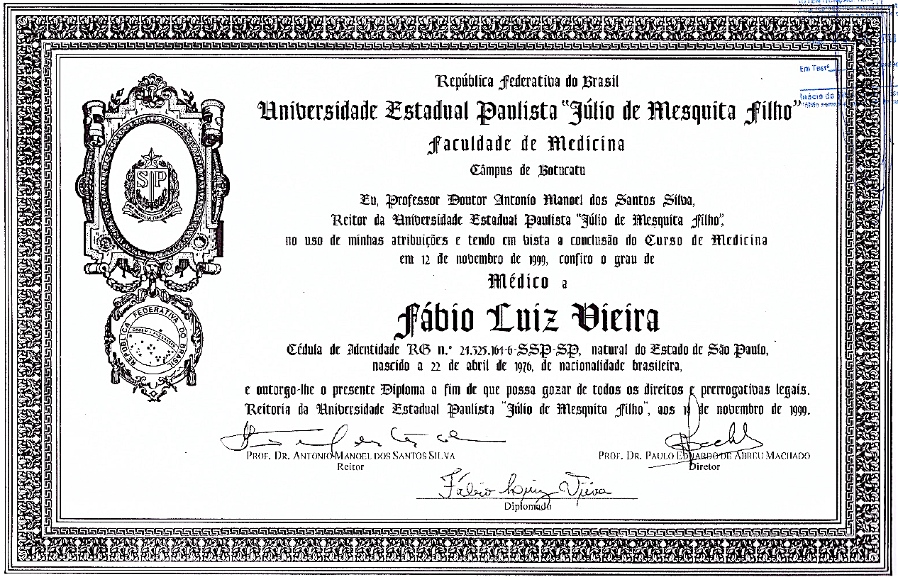 Black-and-white vintage diploma certificate with ornate border and seal, text centered on the page