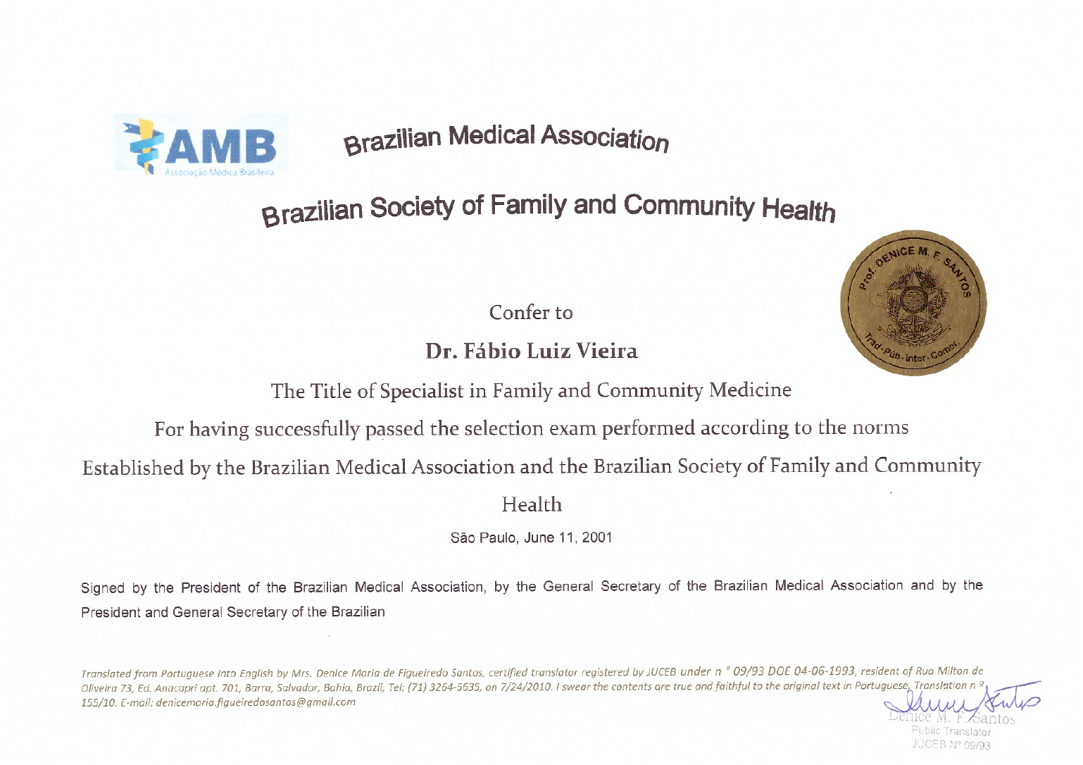 Certificate from the Brazilian Medical Association and Society of Community Health with blue and gold seals