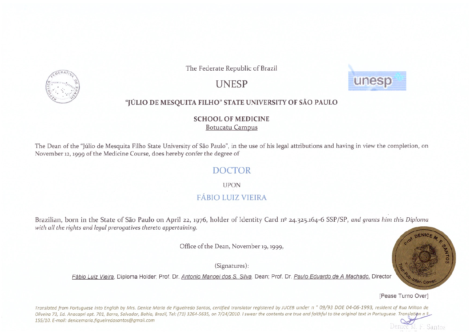UNESP certificate with logos, official text, and a gold seal on a white background