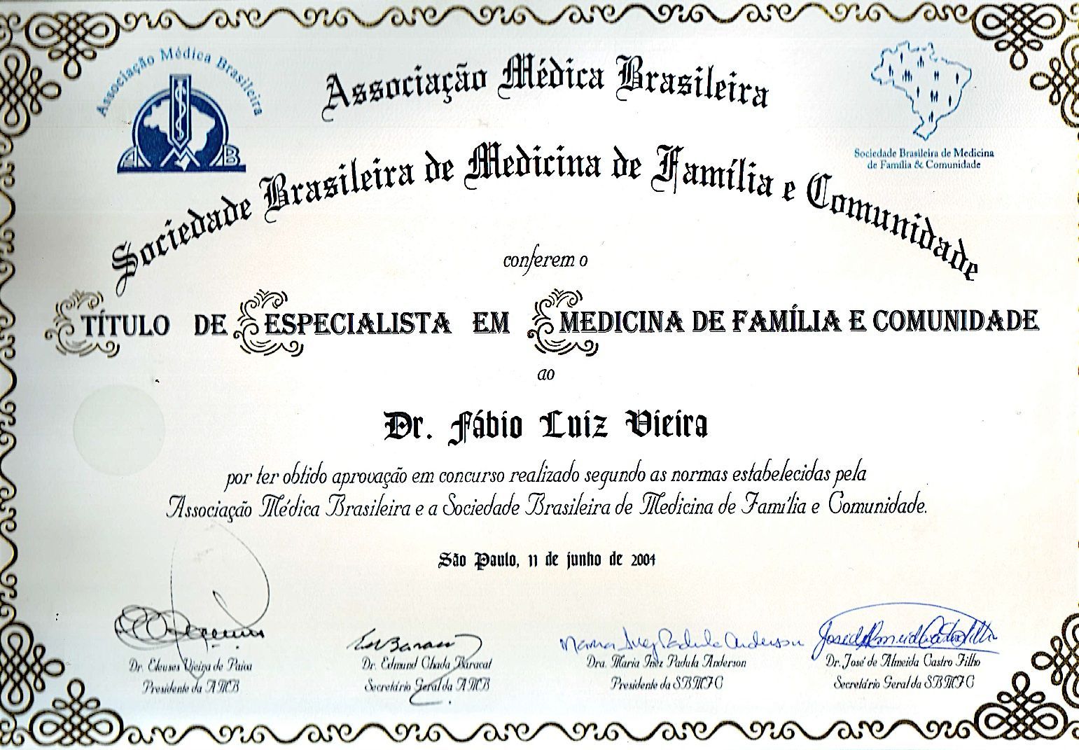 Brazilian medical specialist certificate with blue border and official seals