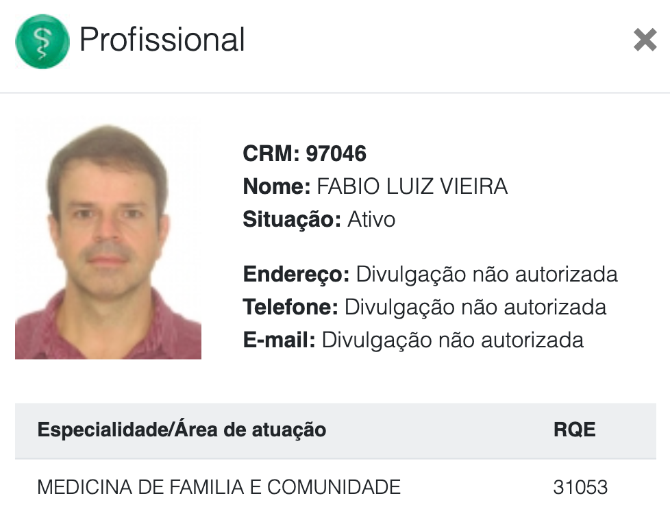 Profile card for a medical professional, showing photo, CRM 97046, name, active status, and specialty medicine family and community.