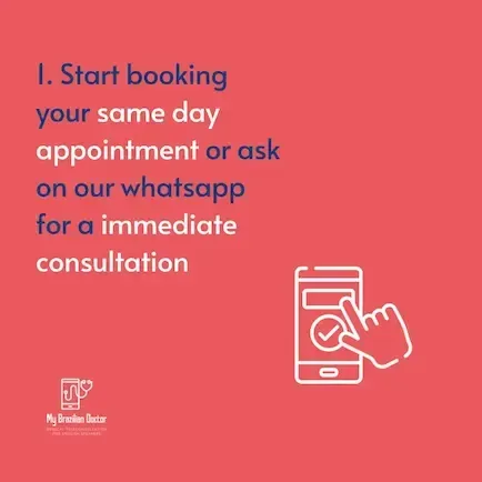 Pink promo graphic with booking message and phone icon: “Start booking your same day appointment or ask on our WhatsApp”