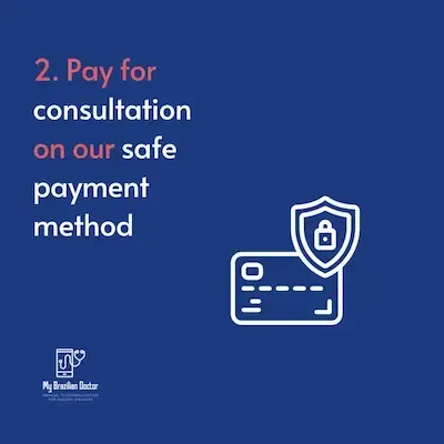 Blue slide reading “Pay for consultation on our safe payment method” with a credit card and shield icon.