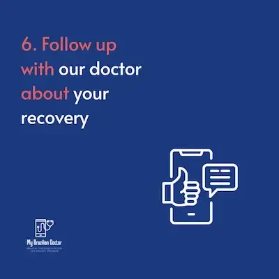 Blue slide with text “Follow up with our doctor about your recovery” and a phone icon with chat bubbles and thumbs-up.
