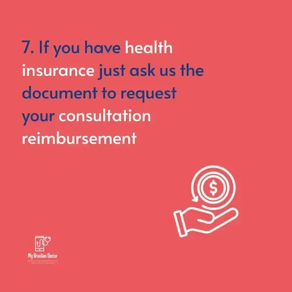 Coral slide with text about using health insurance to request consultation reimbursement and a hand-with-coin icon