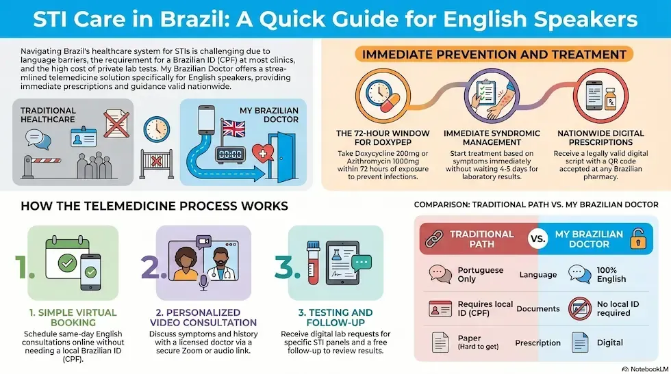 STD testing and treatment in Brazil infographic explaining telemedicine consultation, prevention options, and digital prescriptions for English-speaking visitors