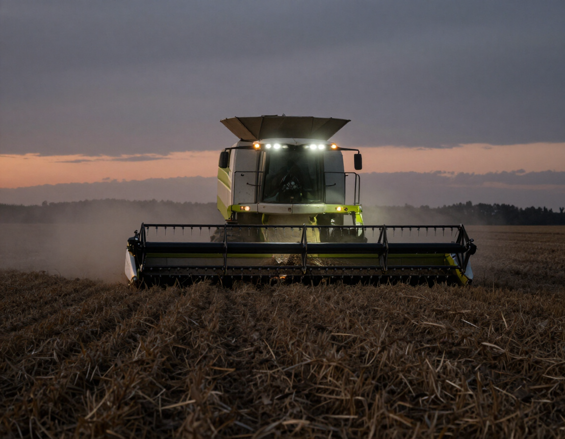 Combine harvester working field at dusk with wide-angle work lights