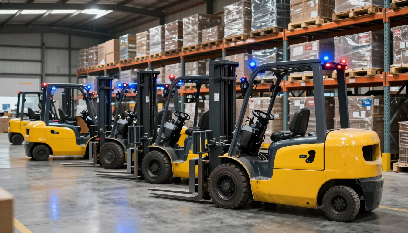 Warehouse forklifts with LED warning lights active