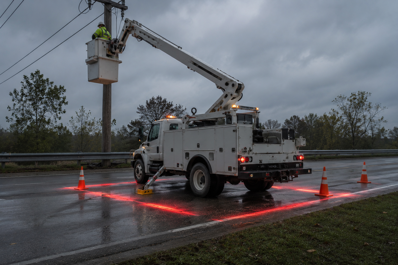 Municipal public works truck with amber beacon lights on city road