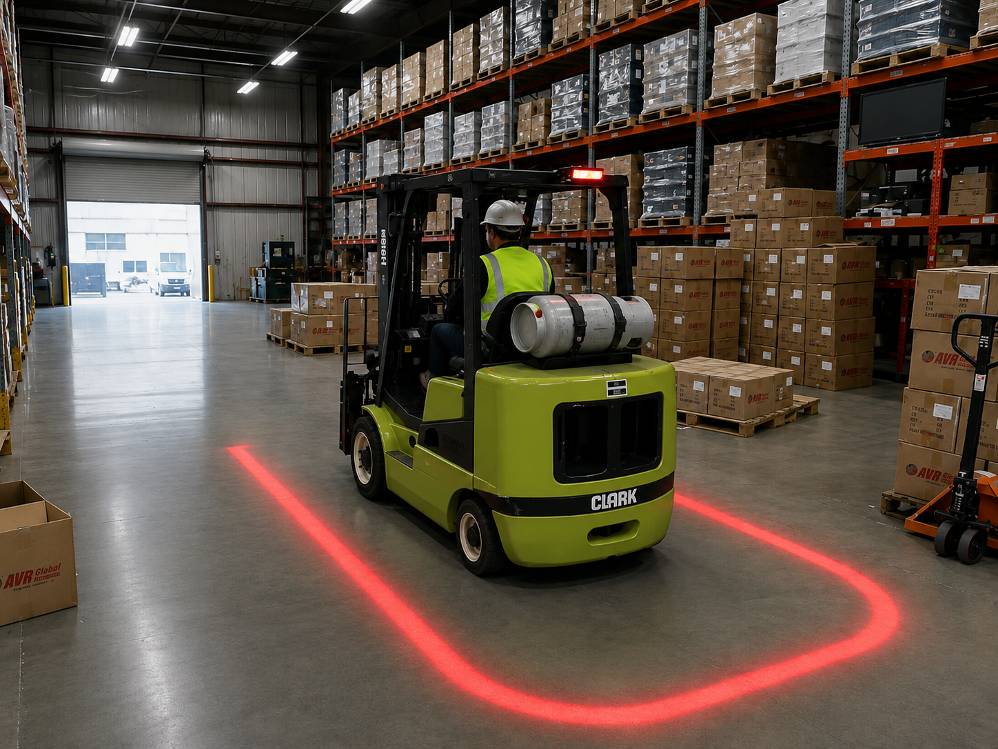 Active warehouse interior with forklifts and overhead LED safety lighting