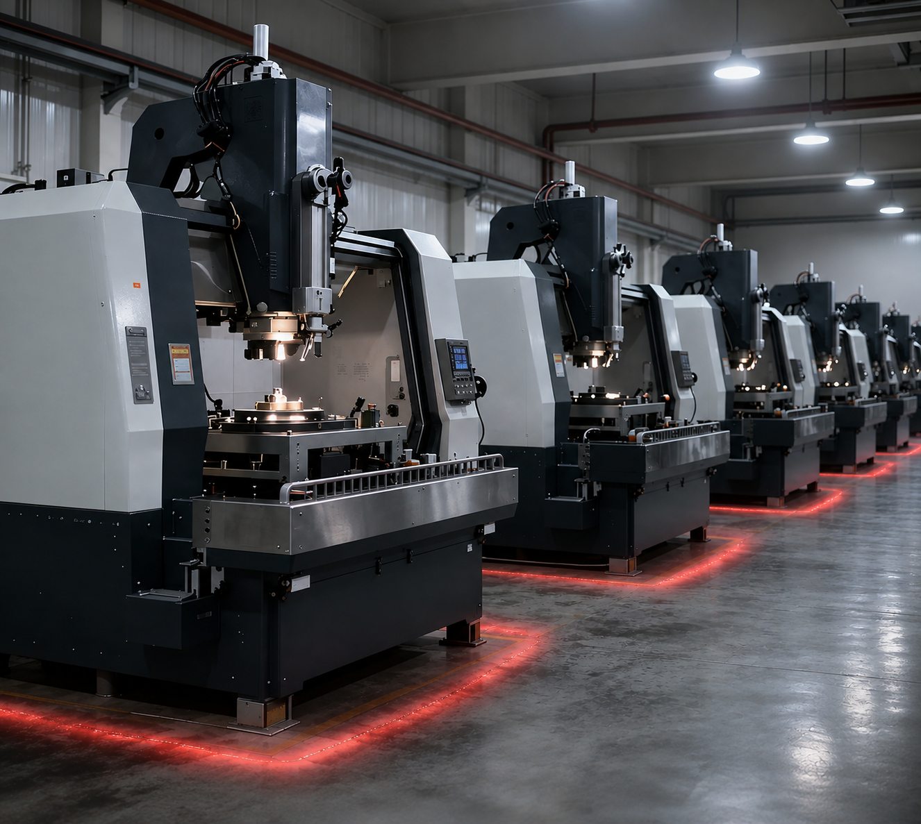 Industrial manufacturing plant floor with CNC machinery and integrated cabling