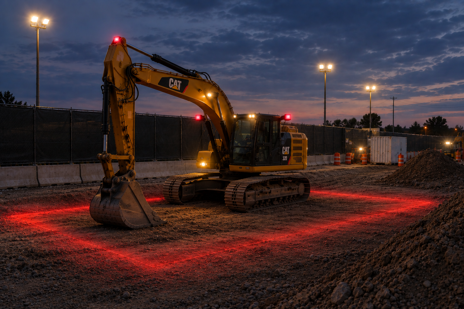 Construction excavator on active job site at dusk with amber warning lights