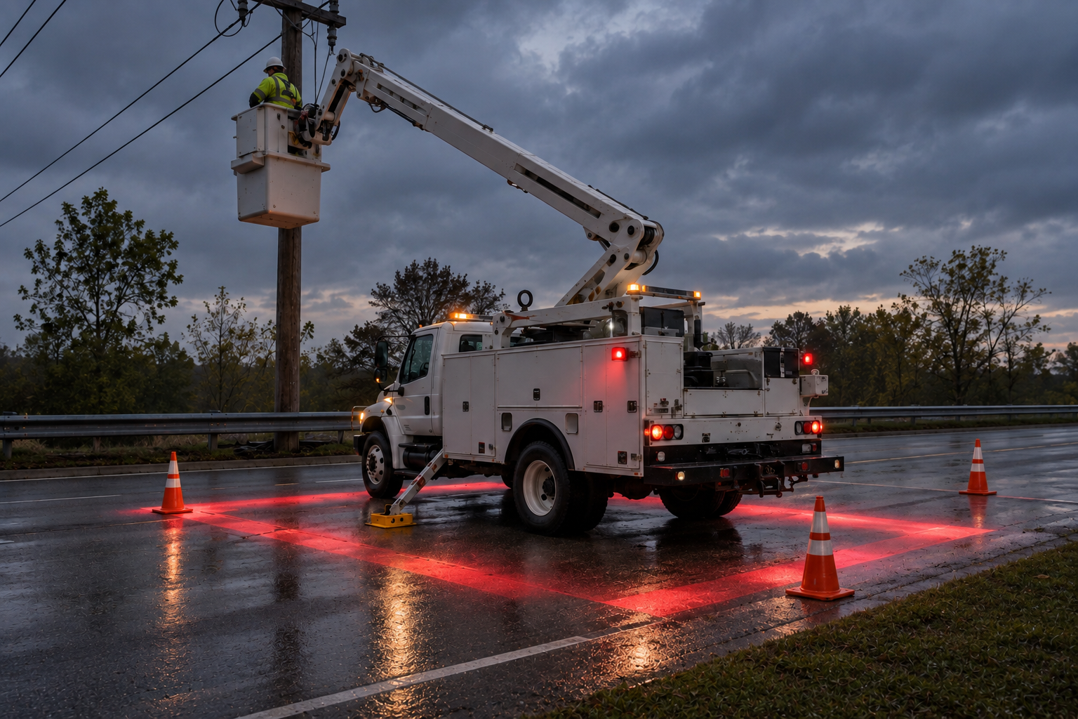 Municipal public works truck with amber beacon lights on city road