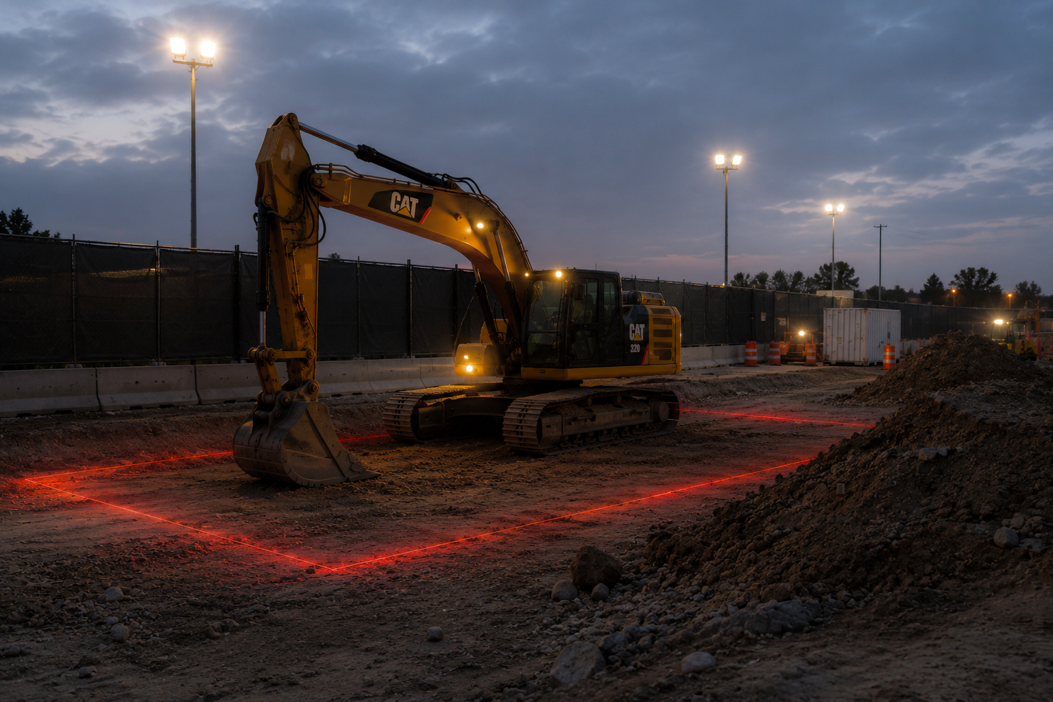Construction excavator on active job site at dusk with amber warning lights