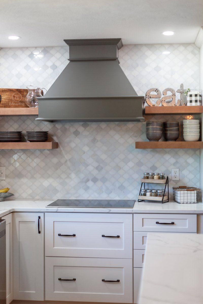 Calacatta Laza Q Quartz Countertops Greecian White Arabesque Tile Waypoint Painted Linen Cabinets