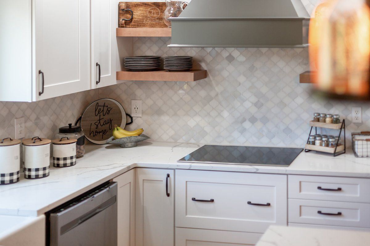 Calacatta Laza Q Quartz Countertops Greecian White Arabesque Tile Waypoint Painted Linen Cabinets